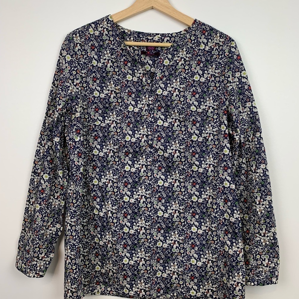 Liberty Art Fabrics Blouse Half Buttons Sz Medium Blue White Flowers Art To Wear